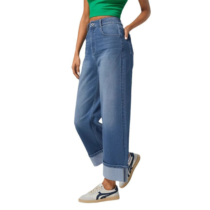 Damen nan hochgeschnittene weite Knöchellänge-Jeans mit breitem Umschlag und Fünf-Taschen-Schnitt Echo Archiv