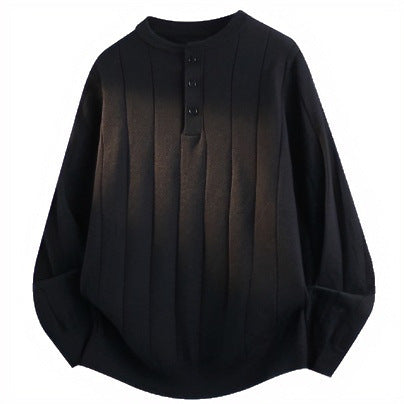Unisex Oversized Strukturierter Henley-Strickpullover mit vertikaler Rippenstruktur und halber Knopfleiste Echoarchiv