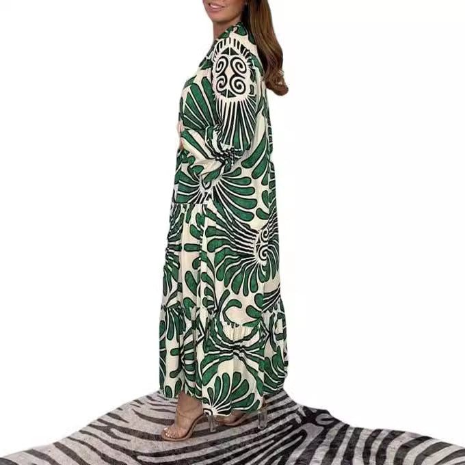 Damen Lange Stufen Kleid mit Knopfleiste und abstraktem Blattdruck Echoarchiv