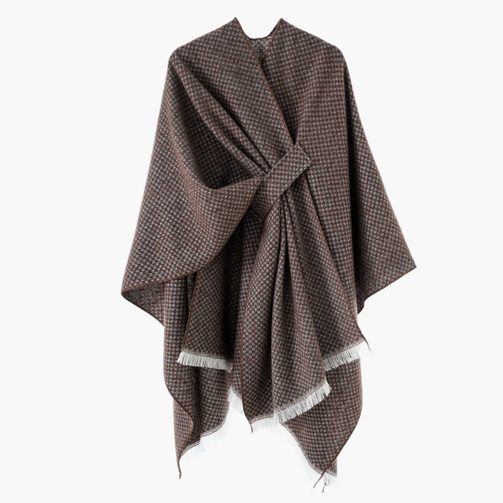 Damen Umlegbarer Wollmix-Poncho mit Hahnentritt-Jacquard und Bindegürtel Echo Archiv