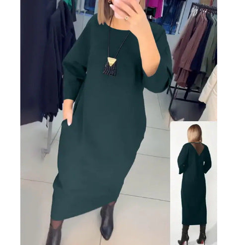 Damen nan gerades Maxikleid mit knöchellanger Silhouette, halblangen Ärmeln, Seitentaschen und transparentem V-Rücken Echo Archiv