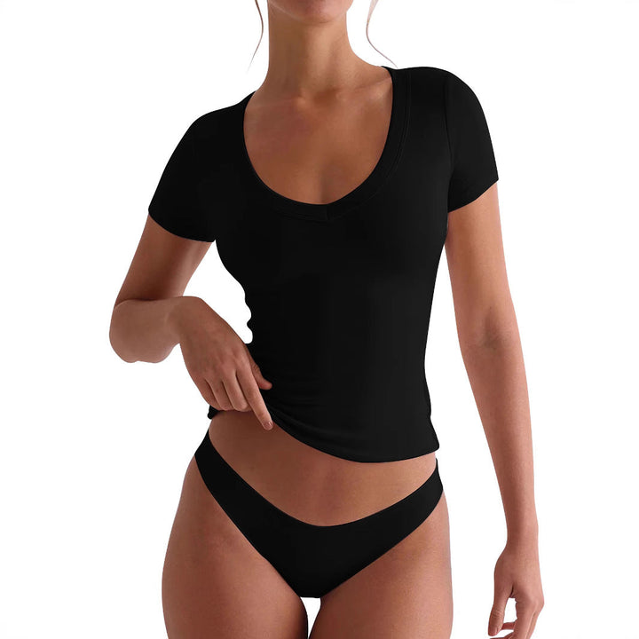 Damen figurbetontes V-Neck T-Shirt mit kurzen Ärmeln Echoarchiv