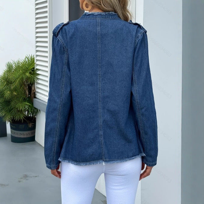 Damen taillierte Denim-Jacke mit Fransenrand und dekorativer Knopfleiste Echo Archiv