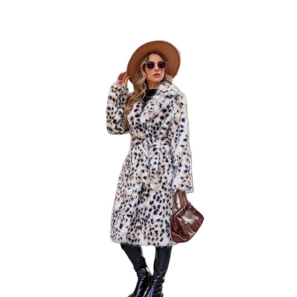 Damen Midi-Kunstpelzmantel mit Leopardenprint, tailliertem Bindegürtel und Schalkragen Echo Archiv