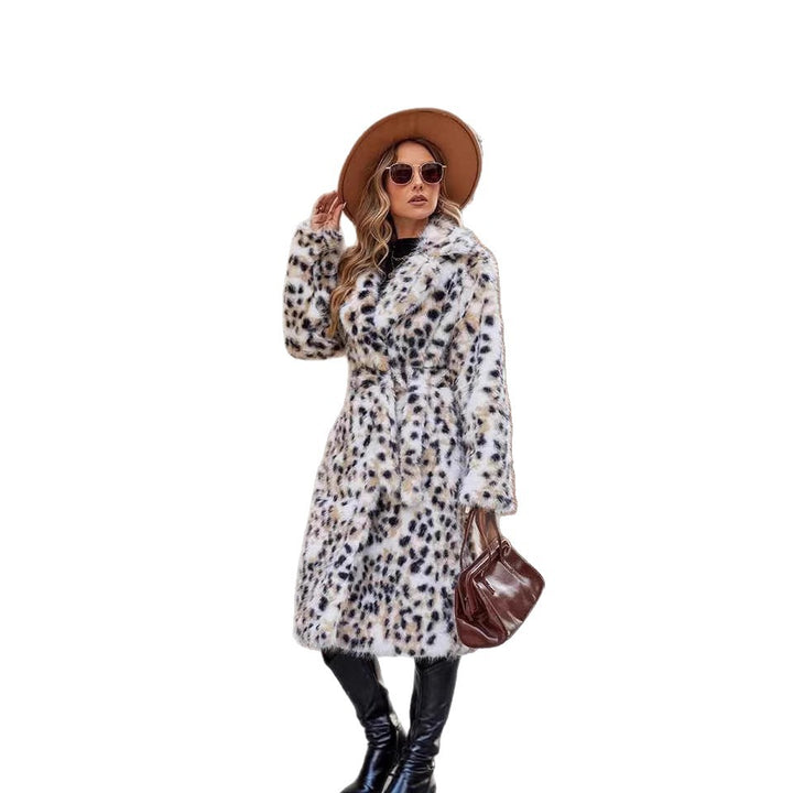 Damen Midi-Kunstpelzmantel mit Leopardenprint, tailliertem Bindegürtel und Schalkragen Echo Archiv