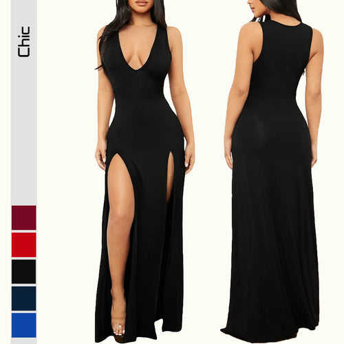 Damen Elegantes Maxikleid mit tiefem V-Ausschnitt und seitlichen Schlitzen Echo Archiv