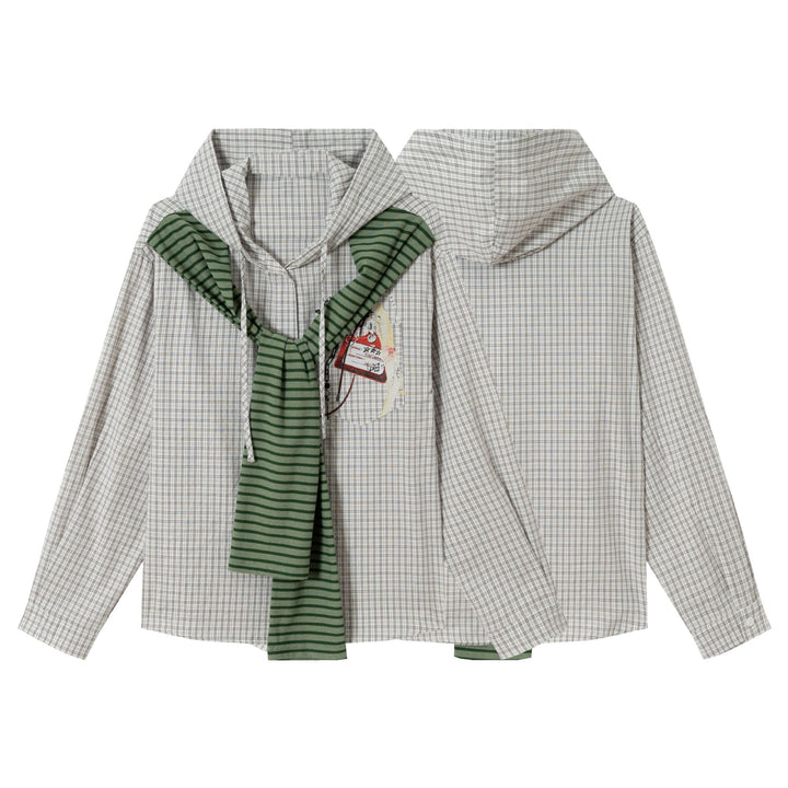 Damen Oversize Hemdjacke mit Kapuze, angenähtem Strickschal und Brustpatch Echoarchiv