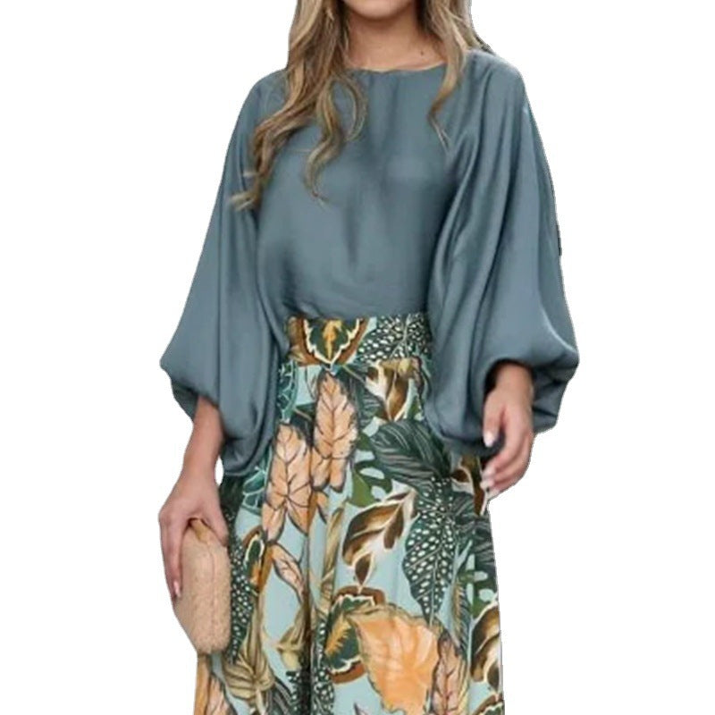 Damen Zweiteiler-Set aus Bluse mit Ballonärmeln und High-Waist Palazzo-Hose – Élanora