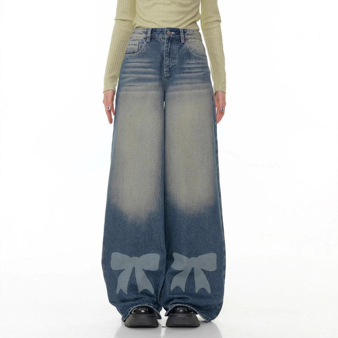 Damen nan hochtaillierte Palazzohose aus Denim mit extra weitem Bein und Schleifenprint Echo Archiv