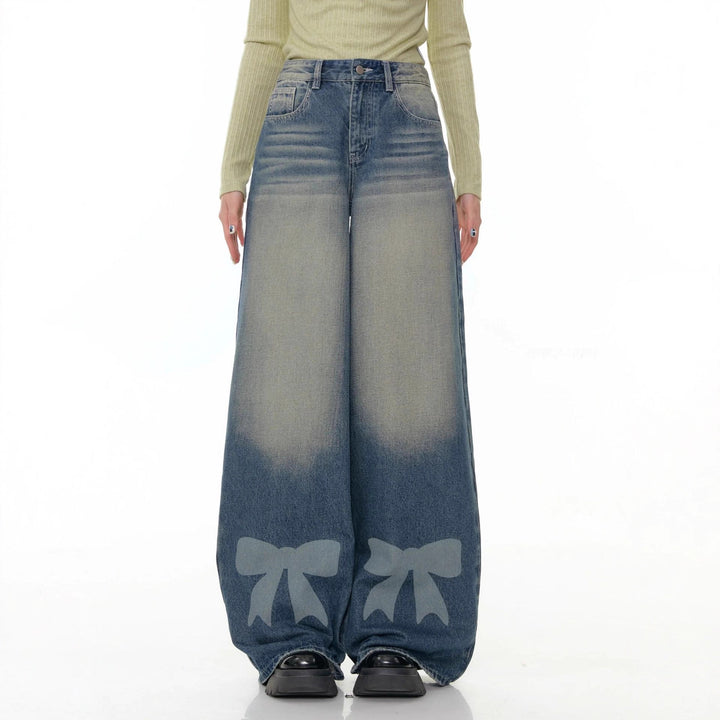 Damen nan hochtaillierte Palazzohose aus Denim mit extra weitem Bein und Schleifenprint Echo Archiv