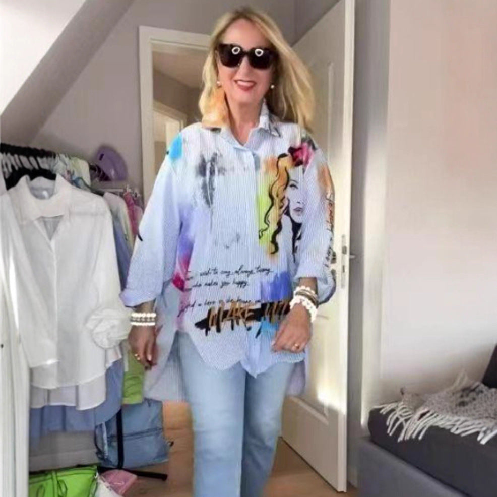 Damen nan kunstvoll bedruckte weit geschnittene Hemdbluse mit Popartmotiv und Nadelstreifen Echo Archiv