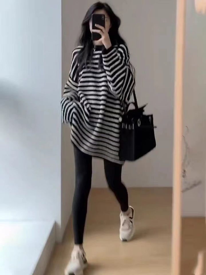 Damen Oversize Strick-Longpullover mit horizontaler Streifenstruktur Echoarchiv