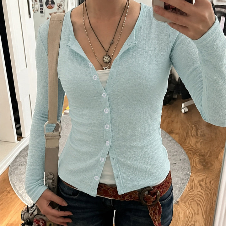 Damen Strukturierter Longsleeve-Cardigan mit taillierter Passform und V‑Ausschnitt Echo Archiv