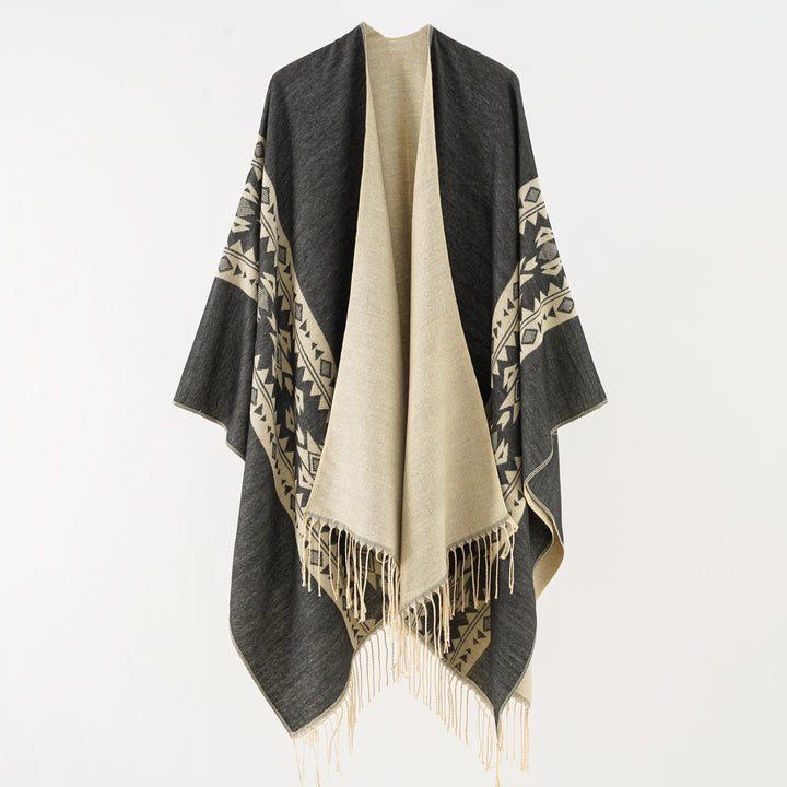 Damen Oversize Fransen-Poncho aus Jacquard-Baumwollmischung Echo Archiv