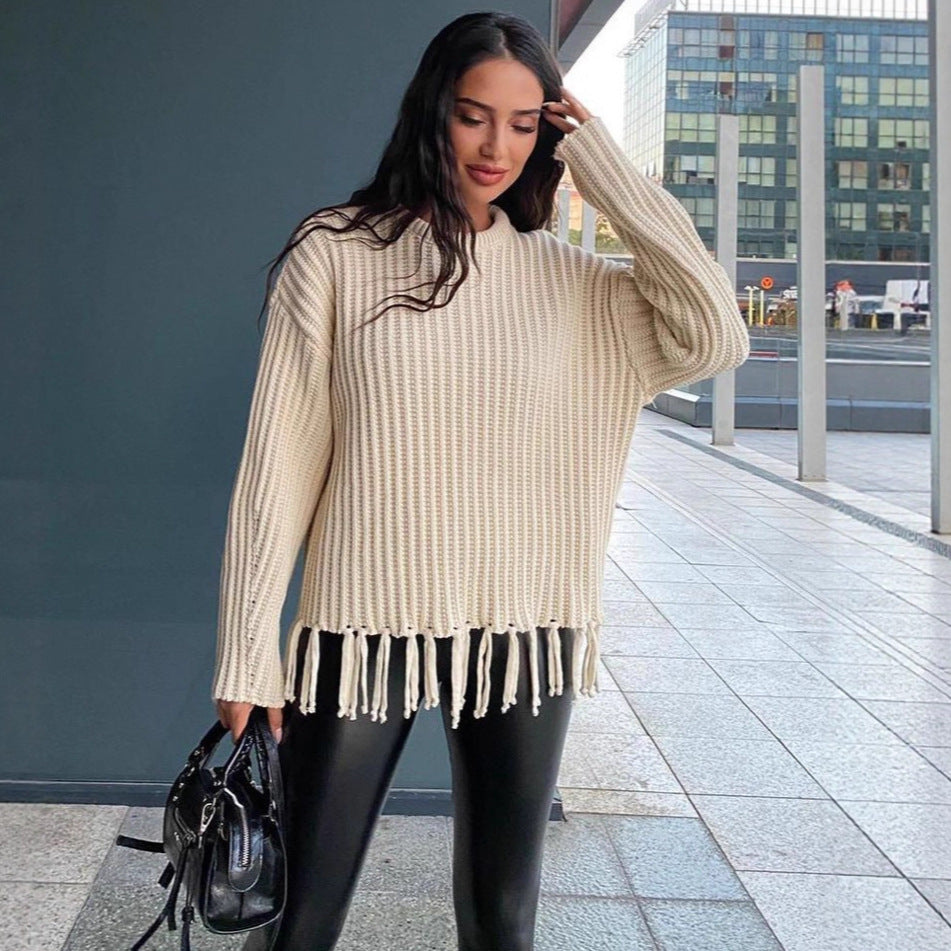 Damen lässiger Rippstrick-Pullover mit Fransen-Saum und Oversize-Silhouette – Mavelle