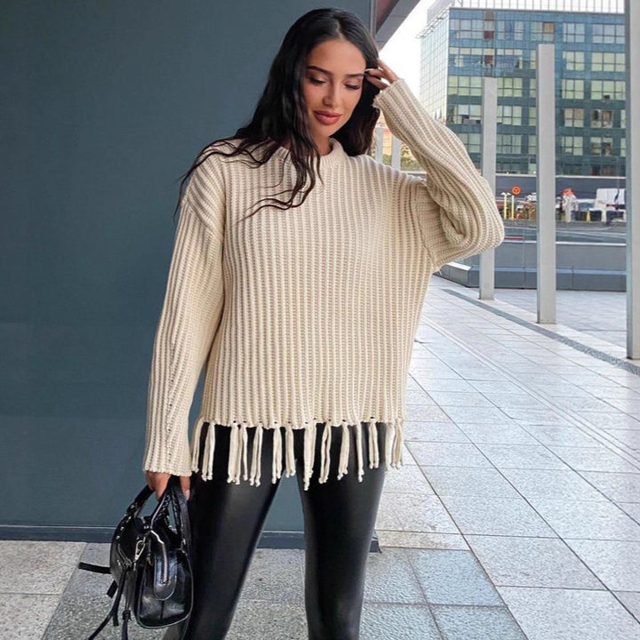 Damen lässiger Rippstrick-Pullover mit Fransen-Saum und Oversize-Silhouette – Mavelle