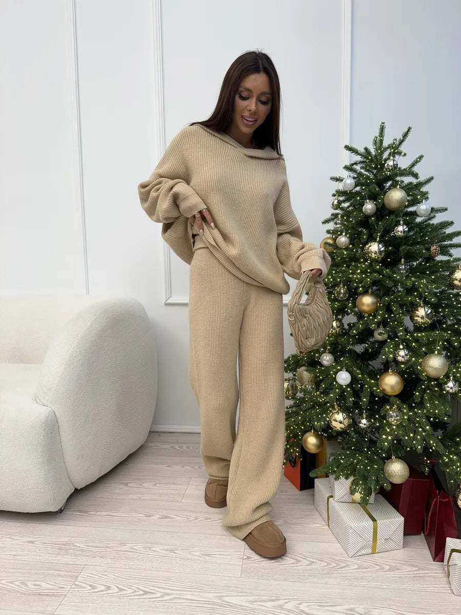 Damen Weiches Strick-Loungewear-Set mit Oversize-Pullover und weiter Palazzo-Hose – Mavelle