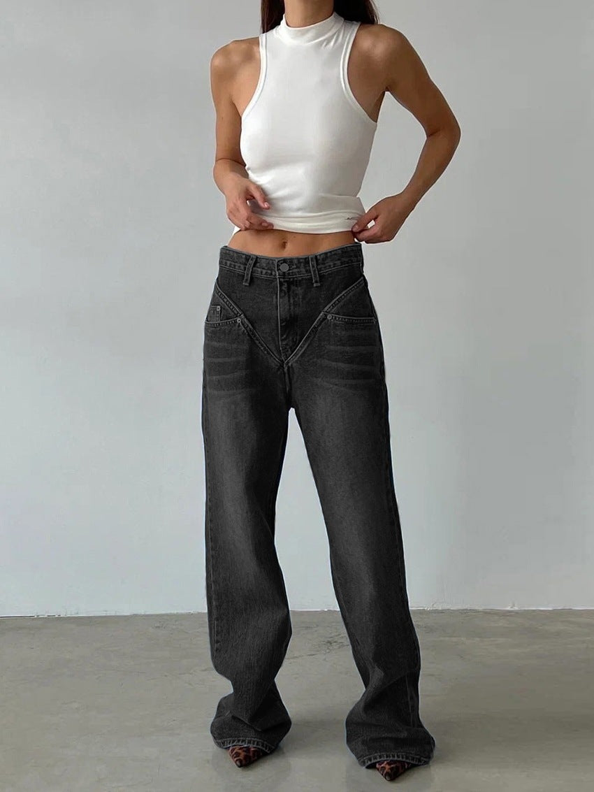 Damen nan hochgeschnittene weite Denim-Hose mit V-förmiger Bundnaht und extra-langem Bein Echo Archiv