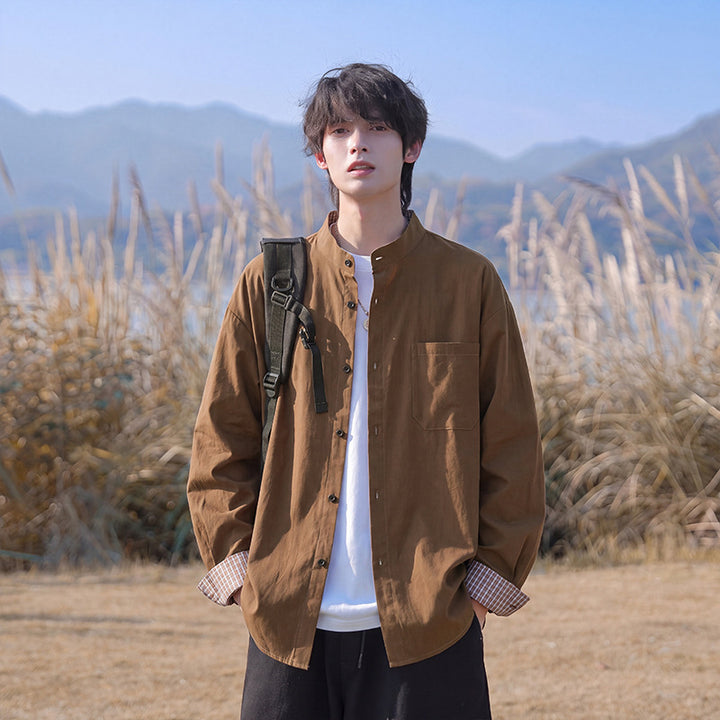 Herren Oversize-Hemd aus leichtem Baumwollmix mit Mandarinkragen und Brusttasche – Arvello