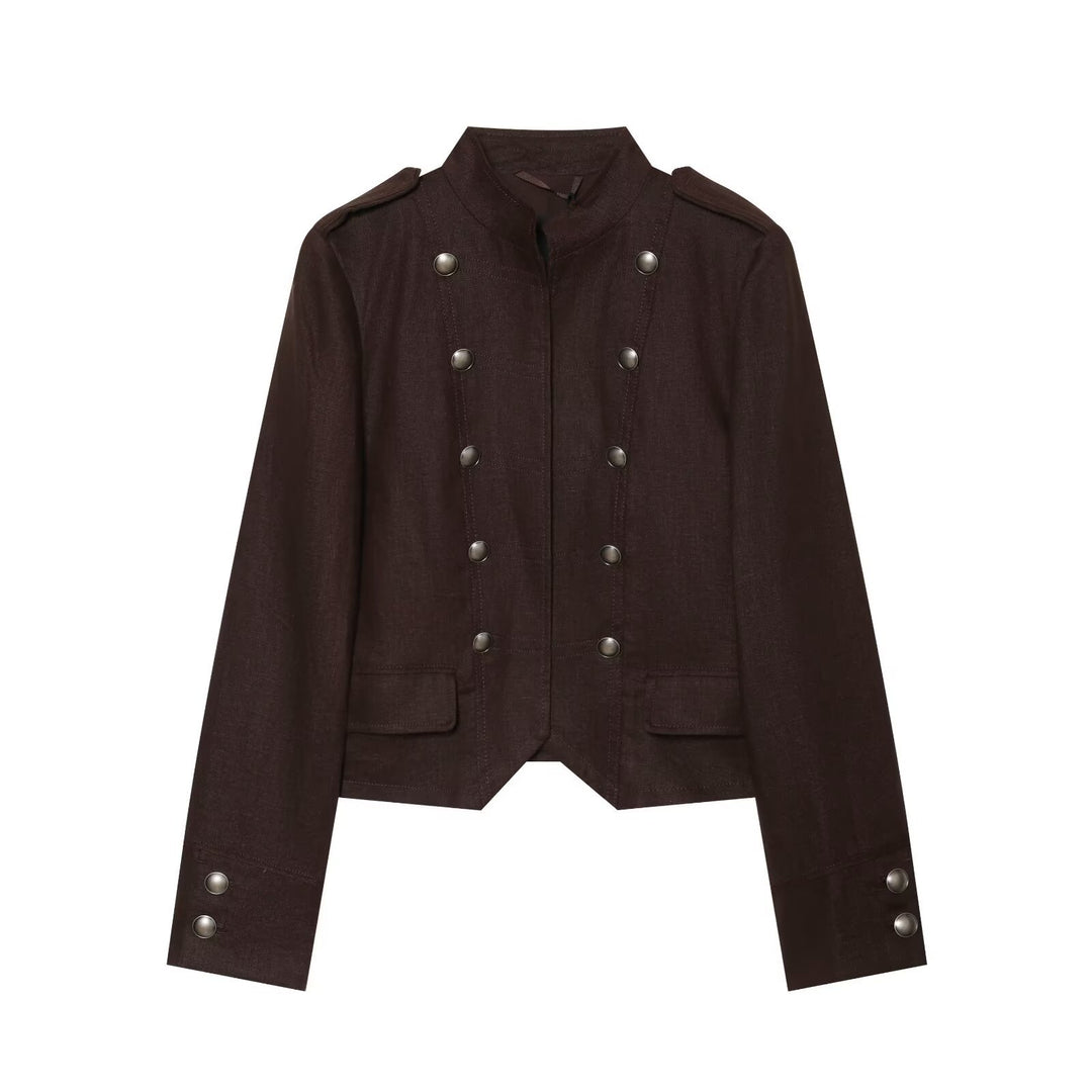 Damen Cropped Feldjacke im Militärstil mit Stehkragen, Epauletten und doppelter Zierknopfleiste Echo Archiv