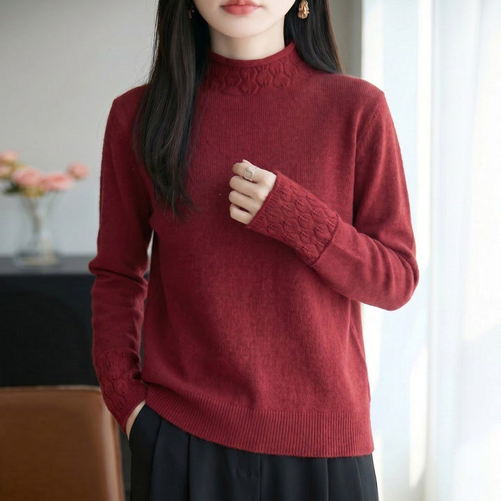 Damen Mockneck-Feinstrickpullover mit Ajour-Detail an Kragen und Bündchen Echoarchiv