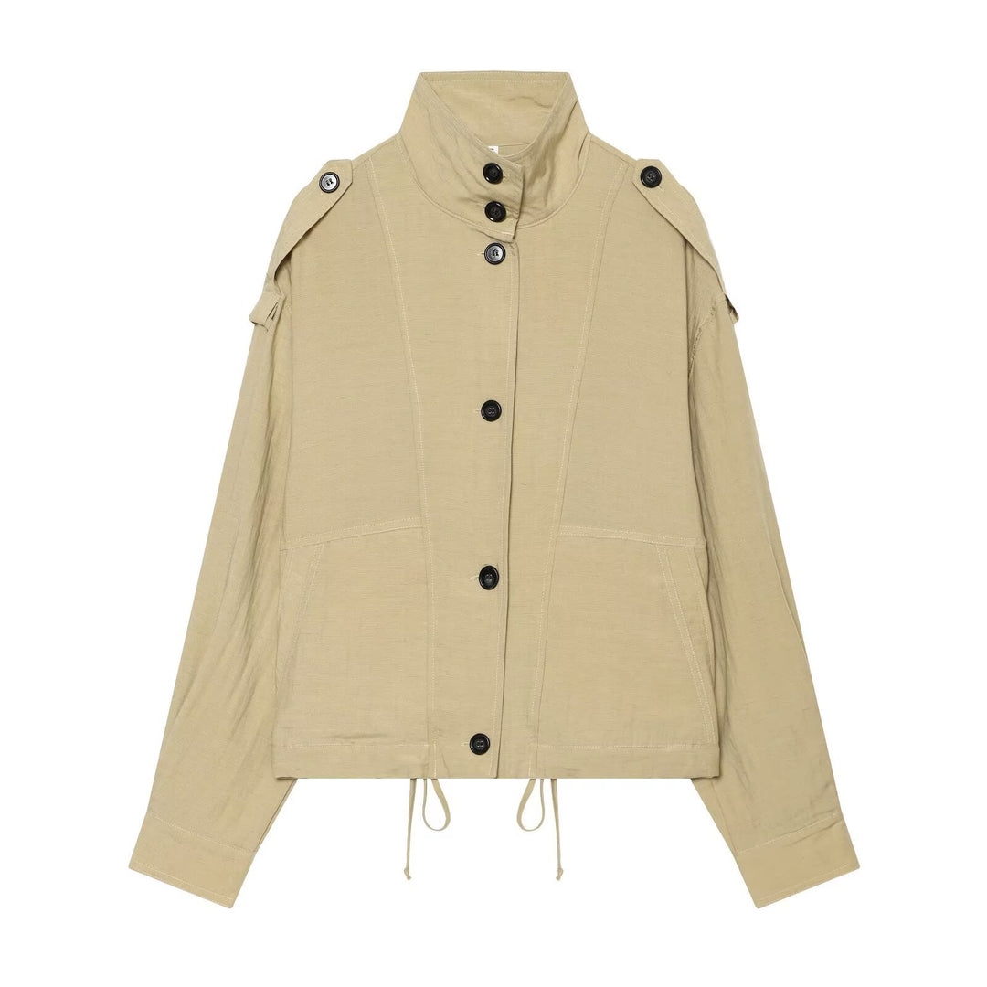 Damen Oversize Cropped Utility‑Jacke mit hohem Stehkragen, Schulterklappen und Tunnelzug Echo Archiv