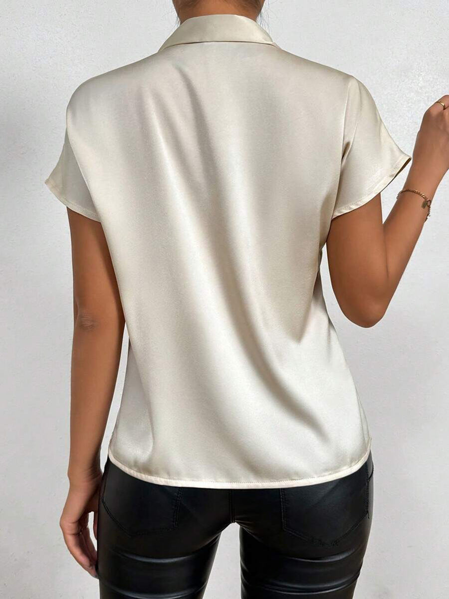 Satinbluse Kurzarm Hoher Kragen mit Schleife Eleganter Entspannter Schnitt – Élovi