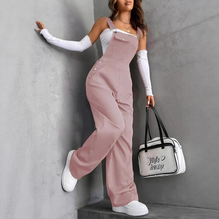 Damen weite Latzhose mit seitlichen Zierknöpfen, Brusttasche und weitem Bein – Solévia
