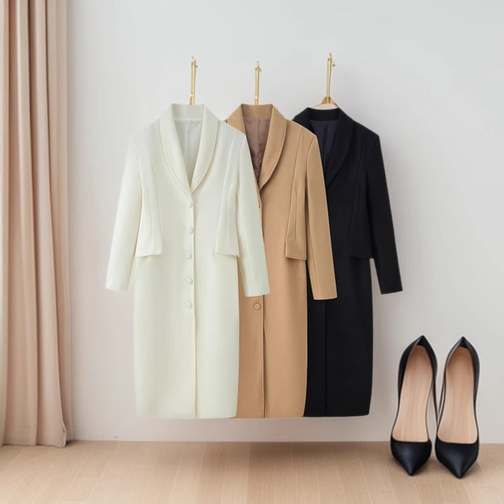 Damen Taillierter Longline-Wollmix-Mantel mit Schalkragen und verdeckter Knopfleiste Echo Archiv