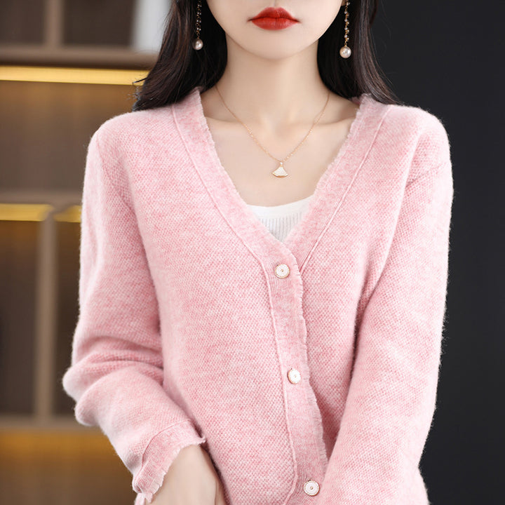 Damen Kurzgeschnittener V‑Ausschnitt‑Cardigan mit feinem Flor und Perlmuttknöpfen Echoarchiv