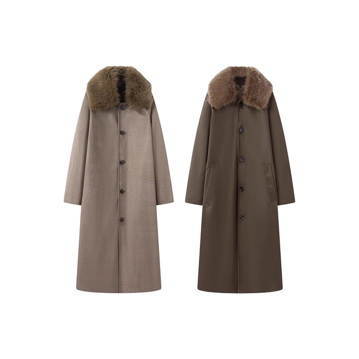 Damen langer Oversize Wollmantel mit abnehmbarem Kunstfellkragen und seitlichen Eingrifftaschen Echo Archiv