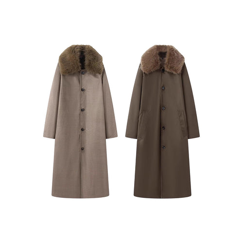 Damen langer Oversize Wollmantel mit abnehmbarem Kunstfellkragen und seitlichen Eingrifftaschen Echo Archiv