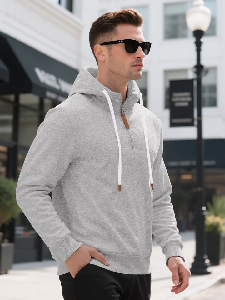 Herren Halbzip-Kapuzenpullover mit Stehkragen, Kordelzug und Lederdetails – Cavarno
