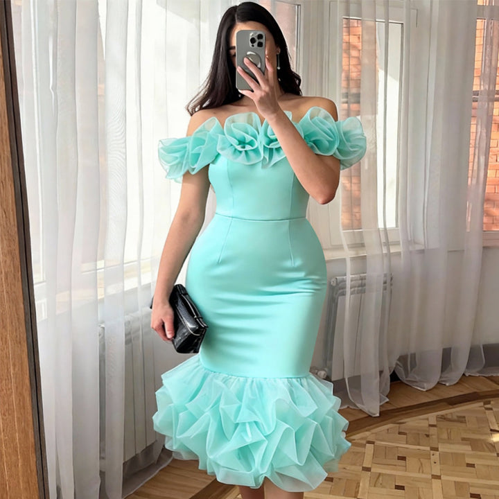 Damen Figurbetontes Kleid mit Rüschenärmel und voluminösem Saum Echo Archiv