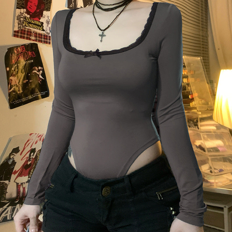 Damen Elegantes Langarm-Bodysuit mit Zierborte Echo Archiv