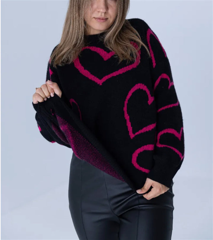 Damen Kuscheliger Jacquard-Pullover mit Herzmotiv und lockerer Oversize-Passform – Mavelle