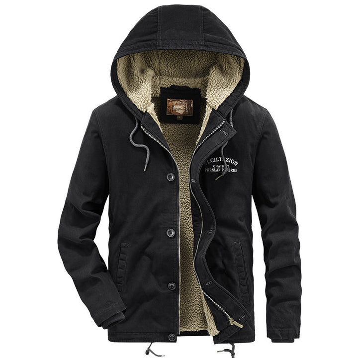 Herren Lässige Canvas-Kapuzenjacke mit durchgehendem Sherpa-Futter und doppelter Front – Taviero
