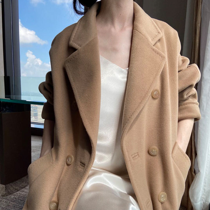 Damen Eleganter Doppeltbreasted Wollmantel Echoarchiv