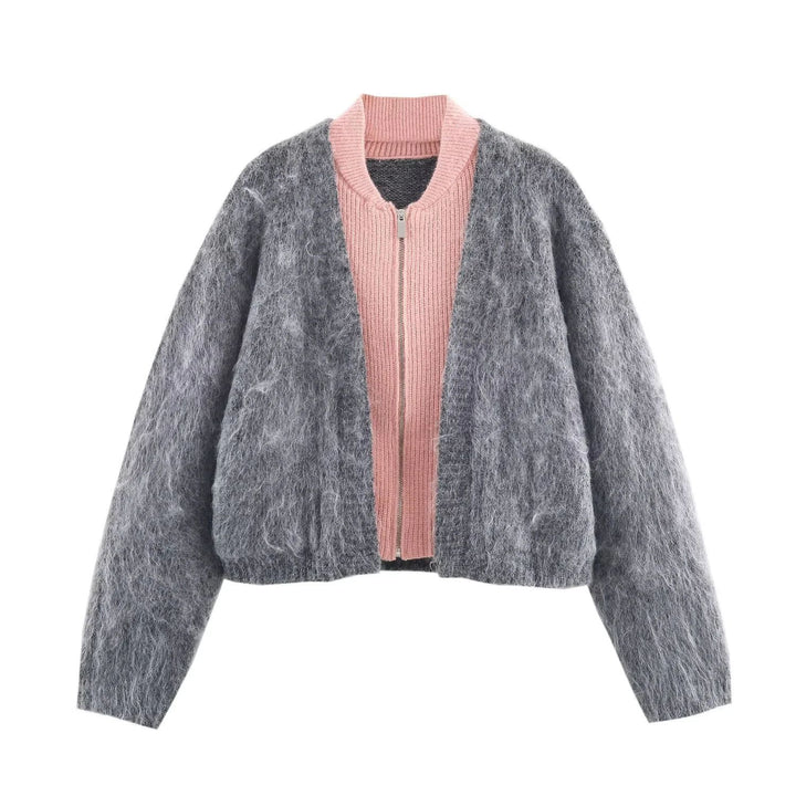 Damen kuscheliger Mohair‑Optik Cardigan mit integrierter Reißverschluss‑Innenjacke und Bomberkragen – Veloura