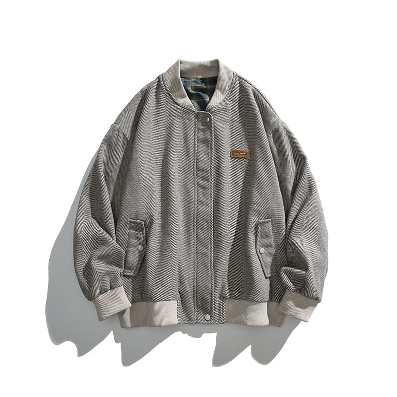 Unisex Boxy-Bomberjacke im Fischgrät-Look mit Rippbündchen, Pattentaschen und verdeckter Druckknopfblende Echo Archiv