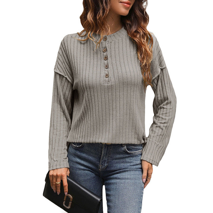 Damen Gerippter Henley-Pullover mit Knopfleiste und überschnittener Schulter Echoarchiv