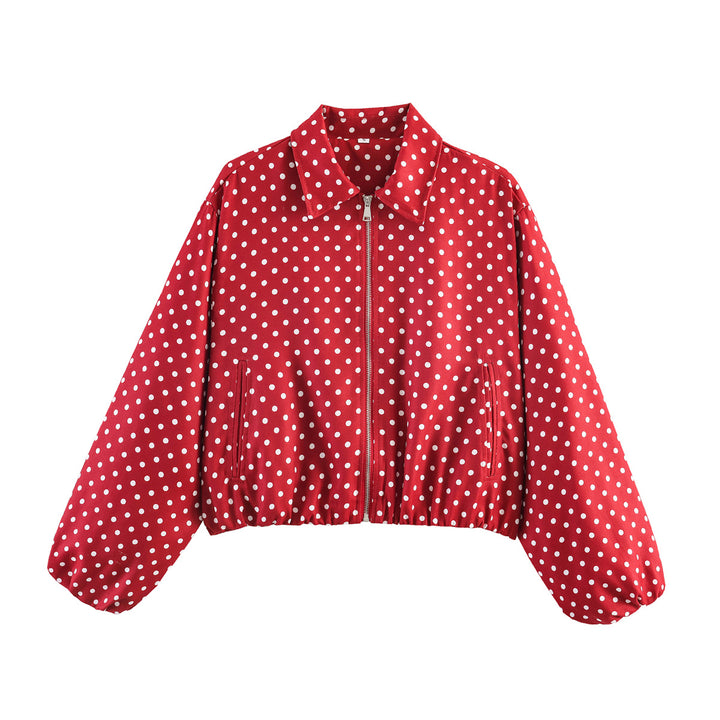 Damen Kurzjacke im Harrington‑Stil mit Polka‑Dot‑Muster, Ballonärmeln und elastischem Saum Echo Archiv