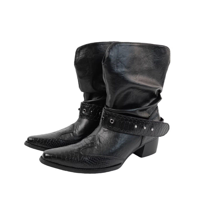 Damen Cowboystiefel mit spitzer Zehenpartie, Schlangenprägung und Nietenriemen Echo Archiv