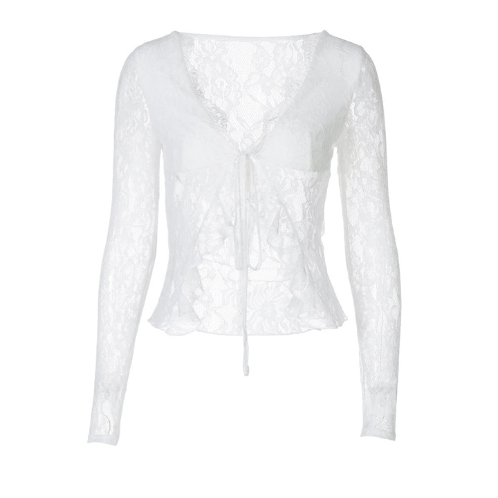 Damen Spitzen-Cropped-Bluse mit Schleifenverschluss Echo Archiv