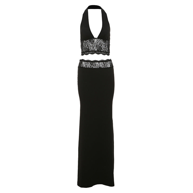 Damen Langer Sommerrock mit tiefem V-Ausschnitt und eleganter Spitzenapplikation Echo Archiv