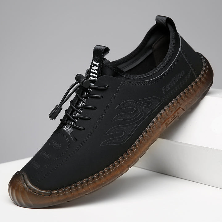 Herren Casual-Mokassin-Sneaker mit elastischer Schnellzug-Schnürung, gesticktem Flammenmotiv und genähter Gummilaufsohle Echoarhiv