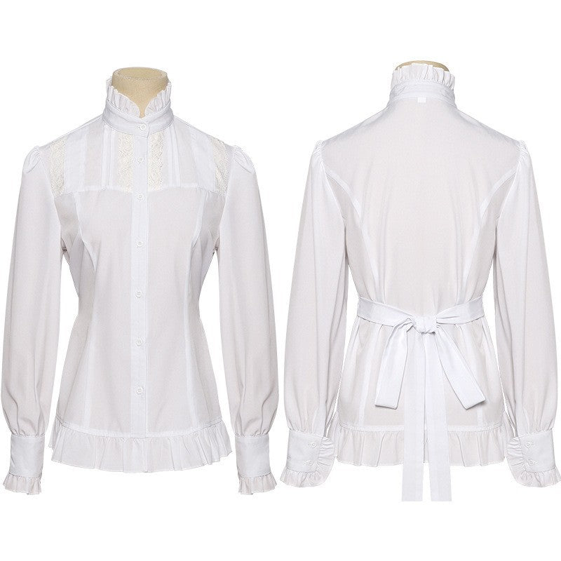Damen viktorianische Spitzenbluse mit Volant-Jabot, tailliertem Schnitt und doppellagigen Glockenärmeln – Élovi