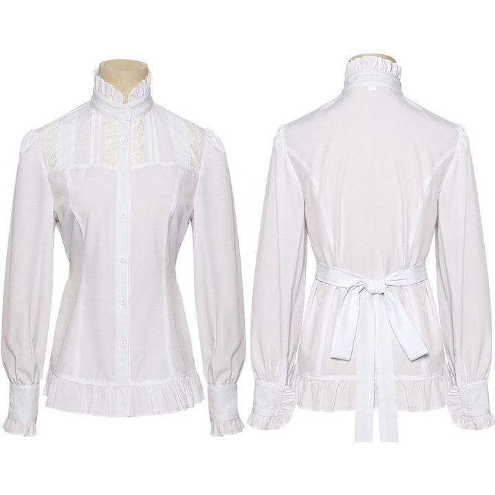 Damen viktorianische Spitzenbluse mit Volant-Jabot, tailliertem Schnitt und doppellagigen Glockenärmeln – Élovi
