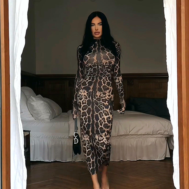 Damen Elegantes transparentes Maxikleid mit Leopardenmotiv und langem Arm Echo Archiv