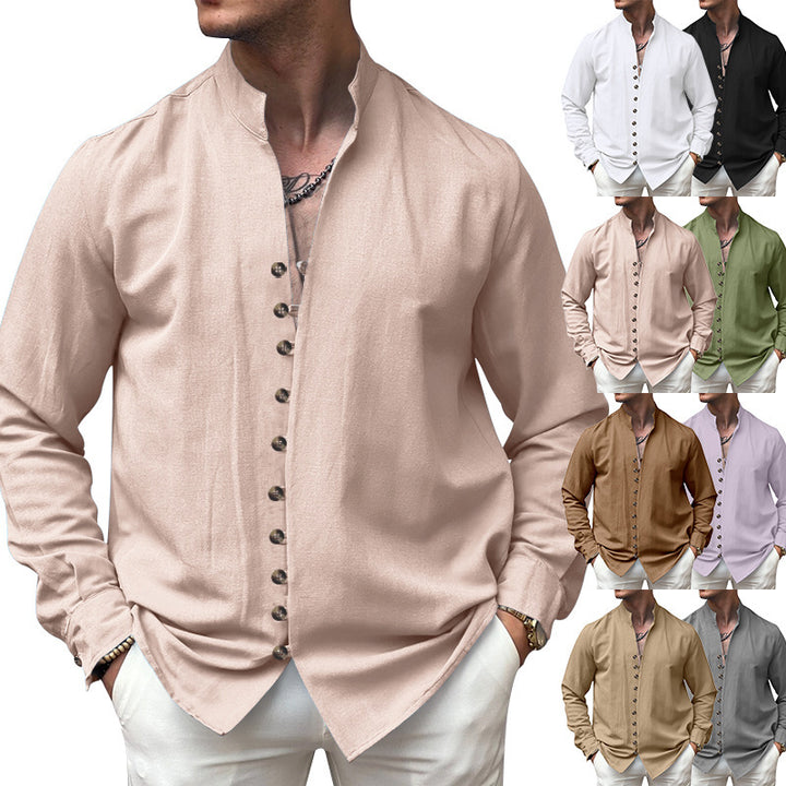 Herren nan elegantes Langarm-Leinenhemd mit Stehkragen asymmetrischer Knopfleiste und schmaler Passform Echo Archiv
